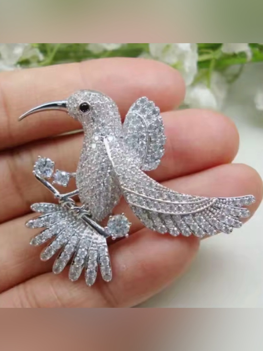 Silver Bird Brooch Pin - Crystal Bird Brooch - Picture 7 of 8